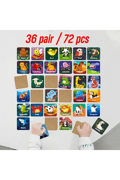 kutuTR Wooden Intelligence Card Matching Game 72 Pieces Cute Animals English Cards