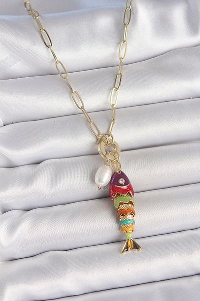 BESKAR Pearl Detailed Zircon Stone Rainbow Fish Figured Gold Color Brass Necklace