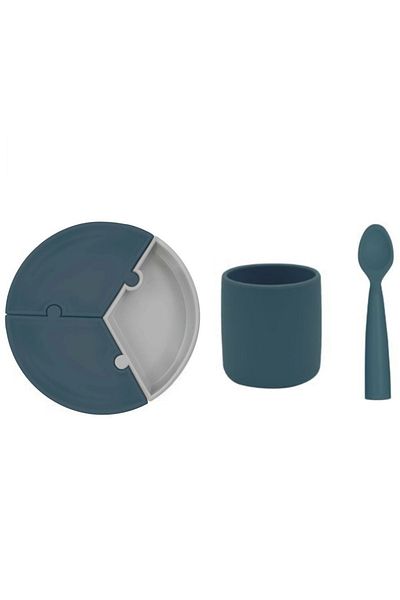 OiOi Portion Puzzle Deep Blue & Mini Glass & Nam Nam Spoon Set