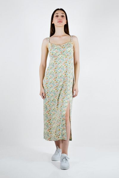 BUSEM Floral Patterned Midi Dress with Rope Straps and Slits Blue Green