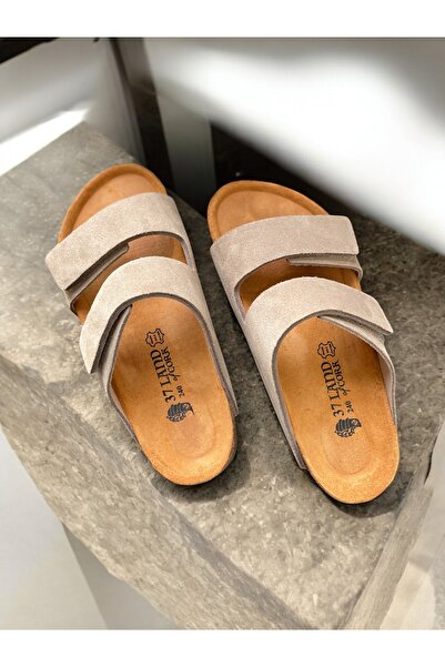 Land of Cork Unisex Hakiki Süet Deri, Doğal Mantar Taban, Ark Destekli, Cırtlı Ayarlanabilir Terlik