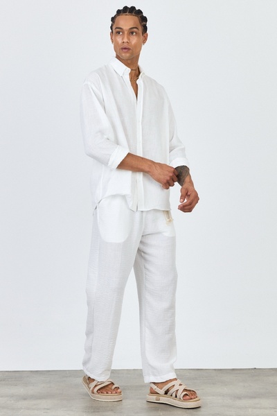 MADZEYMODA Premium New Season Men's Summer Comfortable Fit Shirt & Pants Bottom Top White Linen Suit Ls-3298