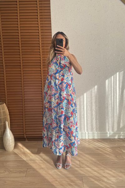 Mucios Halter Neck Floral Patterned Long Dress Blue