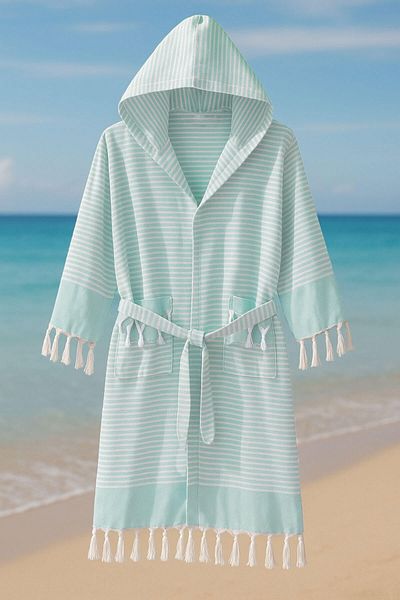 Mira Home Hooded Unisex Peshtemal Beach Bathrobe 100% Cotton Seaside Stripe