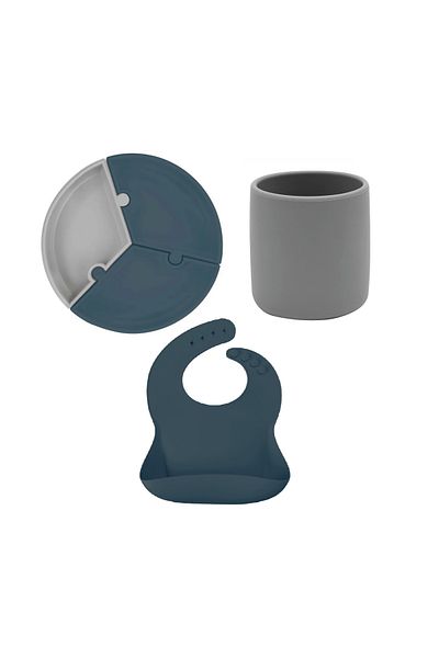 OiOi Portion Puzzle Deep Blue Plate & Mini Cup & Basic Apron
