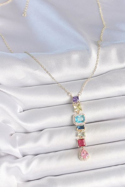 BESKAR Gold Mixed Color Zircon Stone Y Brass Necklace