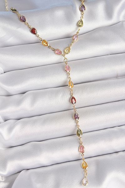 BESKAR Gold Mixed Color Zircon Stone Y Brass Necklace