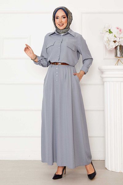 EBRUTESETTÜR Double Hijab Suit with Pleated Skirt and Button Detail