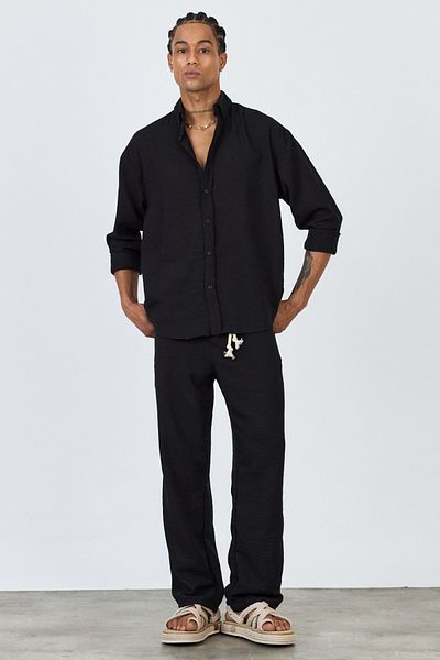 MADZEYMODA Premium New Season Men's Summer Comfortable Fit Shirt & Pants Bottom Top Black Linen Suit Ls-3298