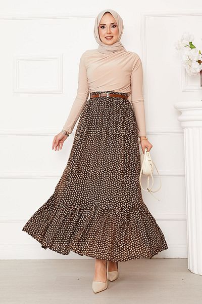 EBRUTESETTÜR Patterned Viscose Skirt with Ruffled Hem and Elastic Waist