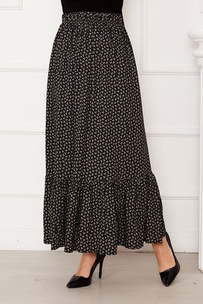 EBRUTESETTÜR Patterned Viscose Skirt with Ruffled Hem and Elastic Waist