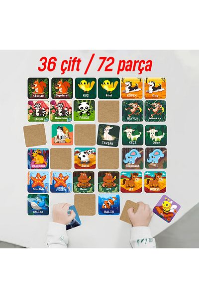 kutuTR Wooden Intelligence Card Matching Game 72 Pieces Cute Animals English-Turkish Cards