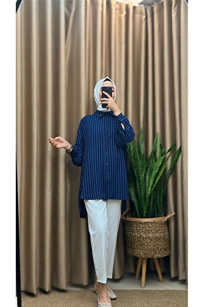 MERVE TESETTÜR Μακρυμάνικο πουκάμισο-τουνίκ με ρίγες στην πλάτη