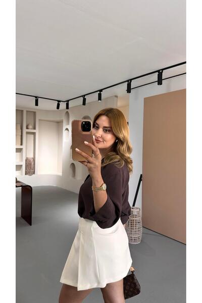 Sezgi Tekin Fiyonklu Pilise Detay Ekru Şort Etek