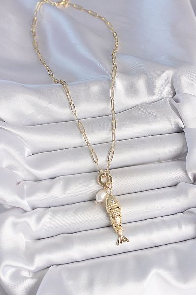 BESKAR Gold Color Brass Necklace with Pearl Detailed Zircon Stone Fish Figure