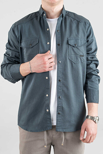 bombe Slim Fit Erkek Kot Gömlek Yeşil