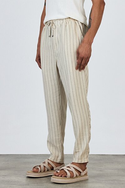 MADZEYMODA Boyfriend Mold 100% Cotton Elastic Waist Black Striped Ecru Woven Trousers Ls-23106