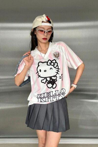 BALİNA Pembe Çizgili V Yaka Hello Kitty Whoosis Unisex T-shirt THE SOLO