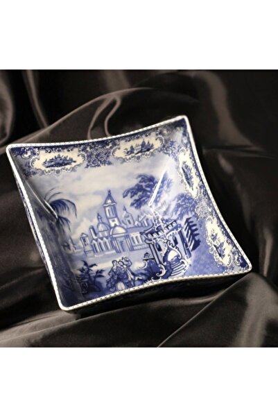 Zuccara Maison Mavi Beyaz İngiliz Tarzı Kare Porselen Sunum Kasesi