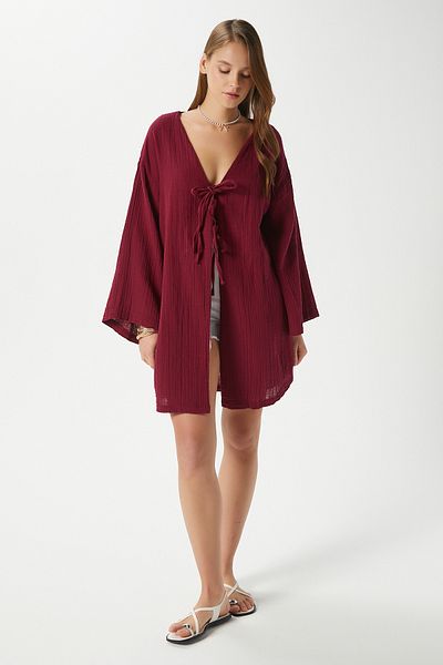 Ritnice Kimono de damă Sandra, 100% bumbac, muselină, cu șireturi, roșu Claret