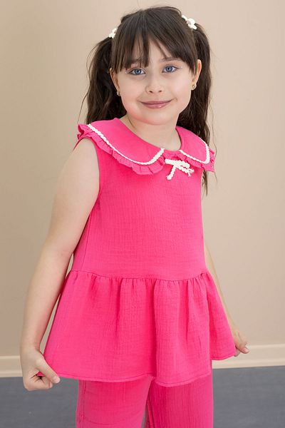 Cansın Mini Fuchsia Zero Sleeve Baby Collar Blouse and Trousers Girl's 2 Piece Set 21031