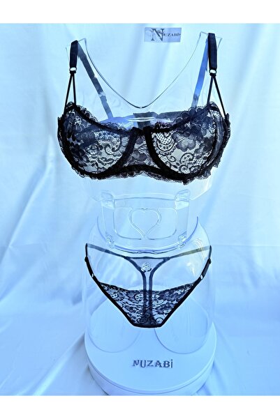 Nuzabi Σετ Γυναικείο Σουτιέν και Στρινγκ Arya Balenli Lace Μαύρο χωρίς Κάλυμμα