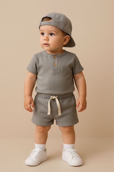 Minytrendy Baby Boy Kids Cool Boy Waffle Summer Fabric Bottom Top 2-Piece Unisex Suit Shorts Short Sleeve Suit