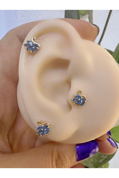Arescollection 1 Piece Blue Zircon Stone Swan Tragus Helix Cartilage Lobe Matching Piercing Earring