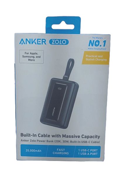 Anker Zolo 20,000mAh Power Bank – 30W Fast Charging, Built-in USB-C Cable, 1 USB-C + 1 USB-A Port