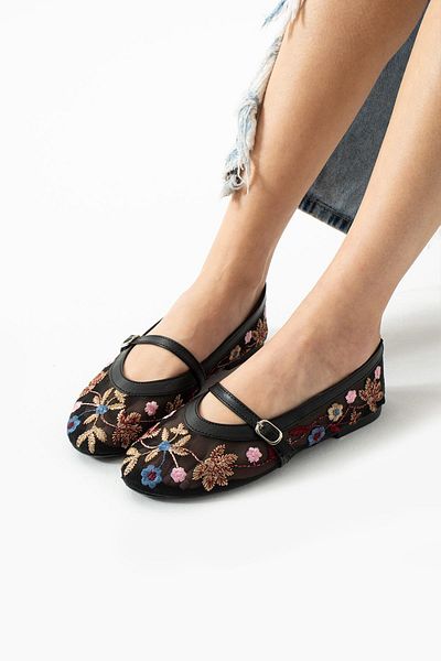 ELAIA SHOES Lilia Tulle Fabric Embroidered Women's Ballerina Ballerina Black