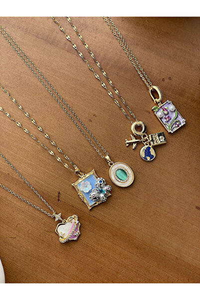 JELLY KADIN ÇELİK GOLD RENK ZİRKON TAŞLI UÇAK FİGÜRLÜ SEYAHAT CHARM KOLYE