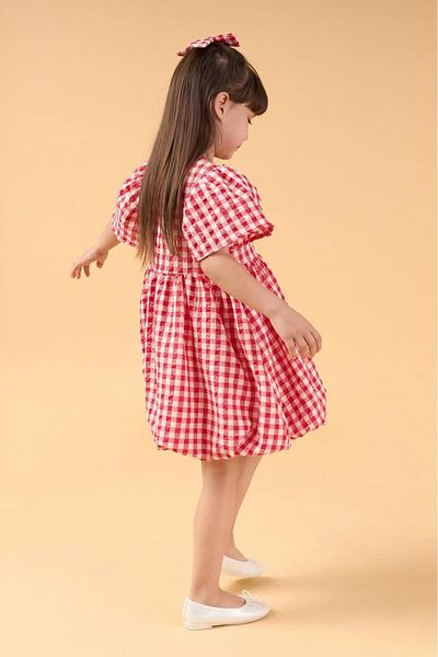 Magu Girl's Cotton Red Plaid Balloon Skirt Dress