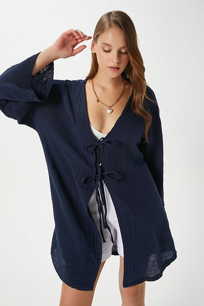 Ritnice Kimono de damă Sandra, 100% bumbac, muselină, cu șireturi, albastru închis