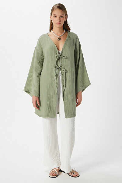 Ritnice Women's Sandra 100% Cotton Muslin Lace-Up Khaki Kimono