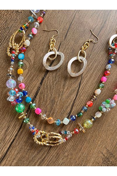 Büyük Hanım Retro Style Colorful Beads Elegant Necklace Earrings Set
