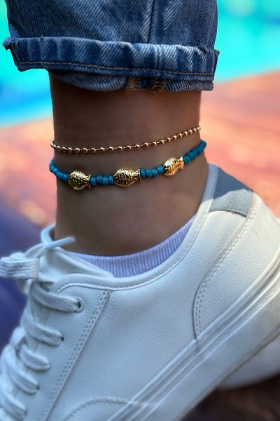 Trendy Butik مجموعة خلخال مطرزة باللون الفيروزي (2 قطعة)