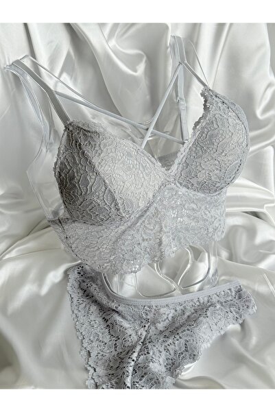 Nuzabi Belinda Nude Gray Cross String Underwireless Paddingless Lace Bralette Suit