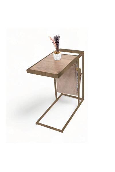 SHADE DESIGN Main Zigon Sehpa Ceviz Desenli Kitaplıklı Yan Sehpa Pirinç Detay...