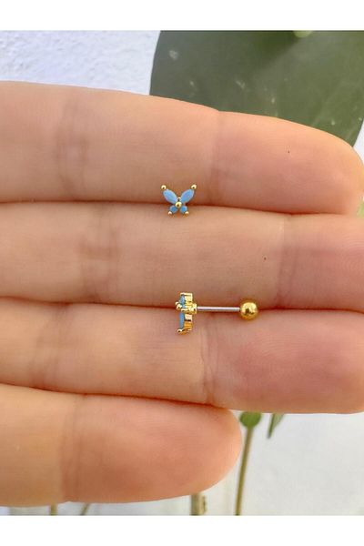 Arescollection 1 Piece Blue Zircon Stone Butterfly Tragus Helix Cartilage Lobe Matching Piercing Earring