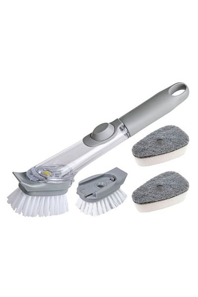 Evelise Perie multifuncțională pentru spălat vase, mâner lung, cu rezervor de detergent încorporat și 3 bucăți de rezervă