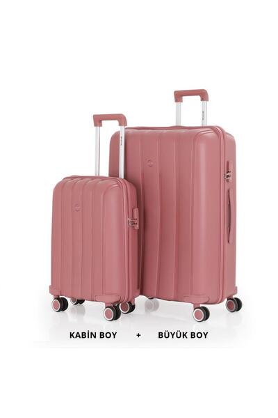 MÇS Bavul Büyük ve Kabin 2li Set Kırılmaz Silikon Valiz V305 KoyuPudra