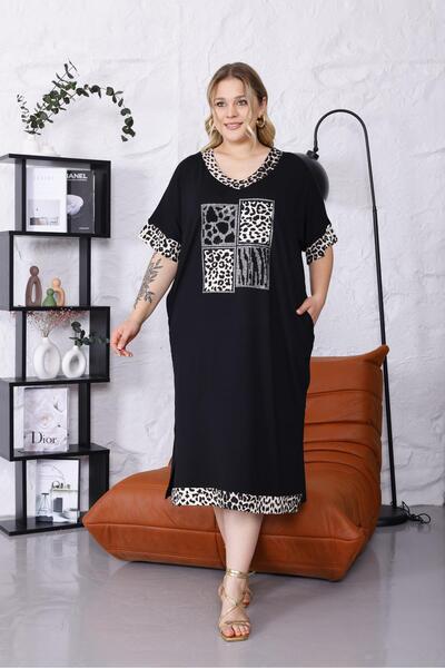 Siyezen Large Size Leopard Stone Detailed Oversize Dress