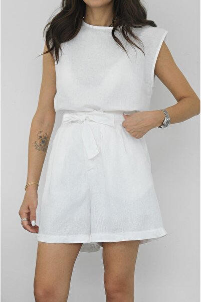 Havoş Ecru Belted Linen Shorts