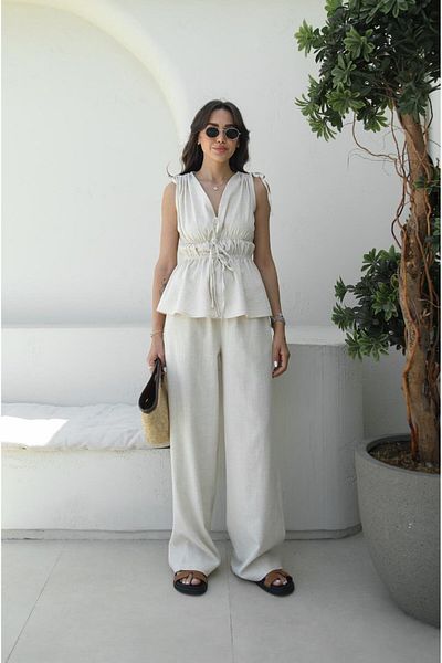 Havoş Natural Rubber Detailed Blouse Trousers Set
