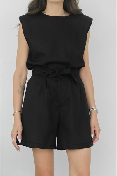 Havoş Black Belted Linen Shorts