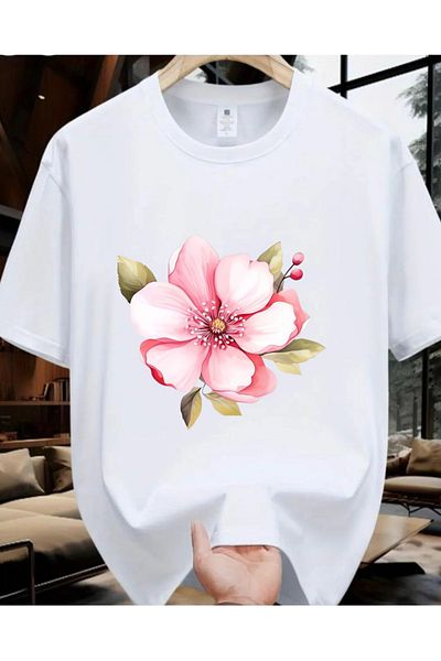Pink Sky Cotton Oversize "Rose" Printed Short Sleeve Crew Neck Comfortable Casual T-Shirt