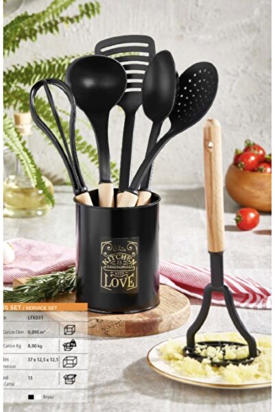 DİBA AVM 6-Piece Wooden Handle Service Set with Metal Stand Ladle Set - Wooden Service Set with 6-Piece Stand