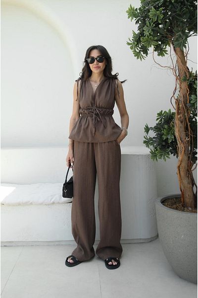 Havoş Brown Rubber Detailed Blouse Trousers Set