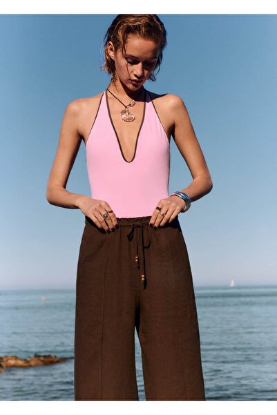 MANGO Woman Keten karışımlı beli elastik pantolon