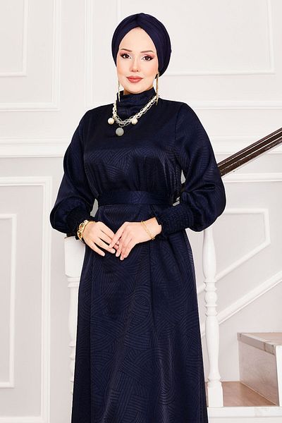 EBRUTESETTÜR Jacquard Satin Mobile Belted Hijab Dress
